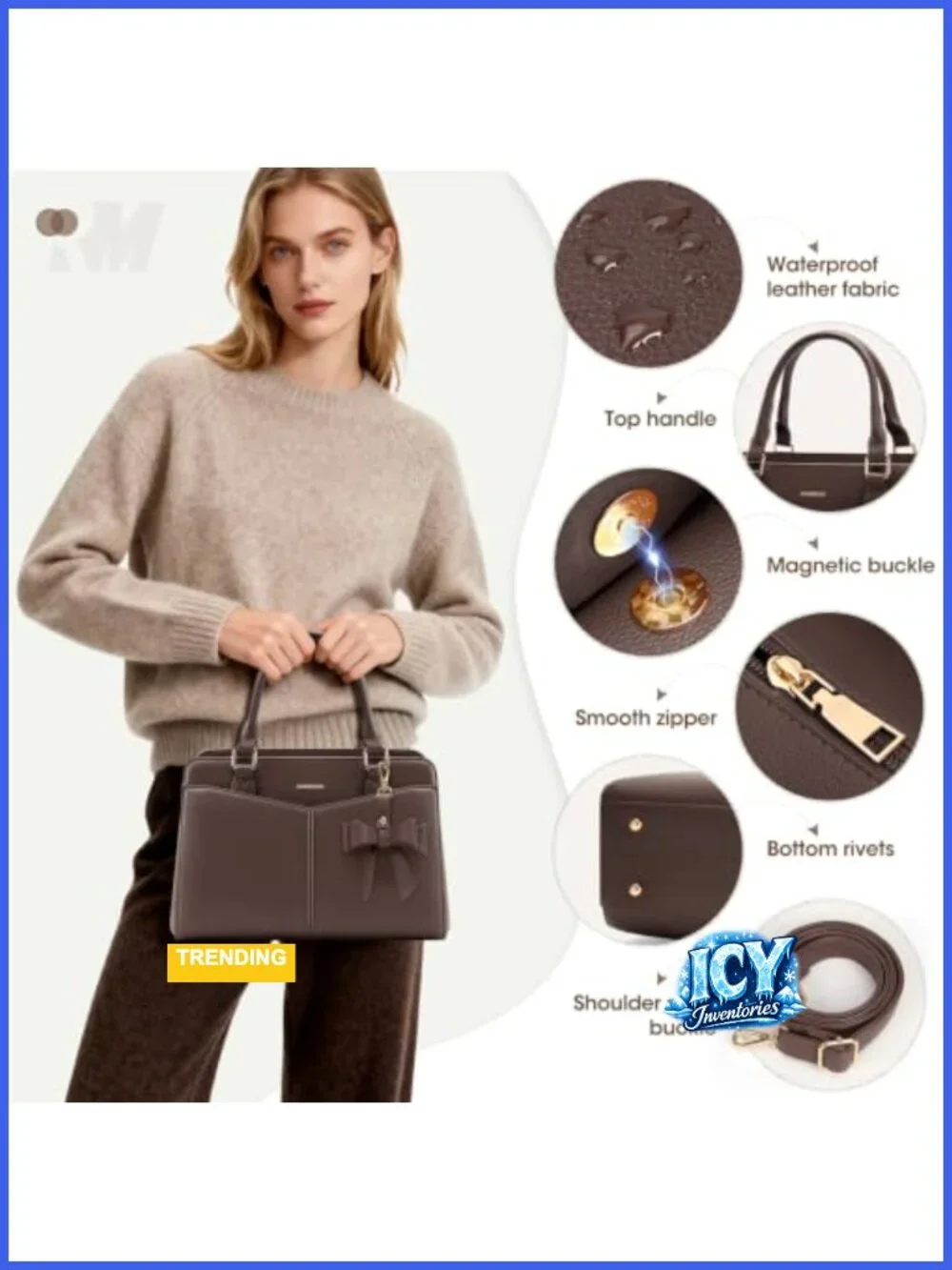 PU Leather Satchel Purse for Women, Structured Work Handbag with Bowknot and